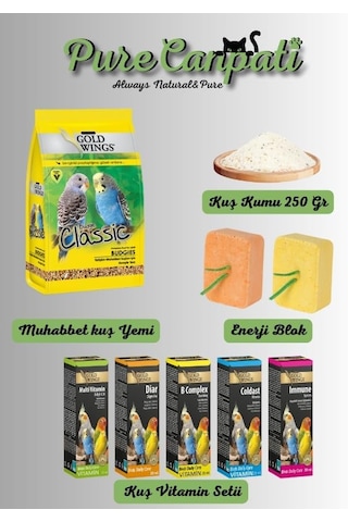 Muhabbet Kuşu Bakım Seti Yem, Kuş Kumu, Enerji Blok Ve Vitamin Destekli Komple Paket 0.75 LT - 2.5 LT - 12 KG