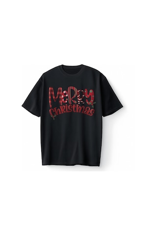 Bumeta Klasik Yılbaşı Merry Christmas Baskılı Oversize Unisex Tişört T-shirt Siyah