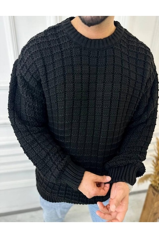 Elku Moda Kazak Oversize Kare Örme Desenli Naturel Pamuk Bol Kesim Tüylenmeyen Salaş Triko Kazak Siyah