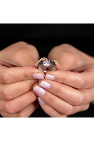 Siyah Zirkon Taşlı Taç Tasarım 925 Ayar Gümüş Kadın Tektaş Yüzük (475776940)