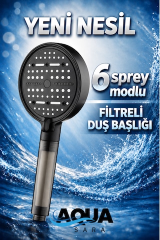 6 Fonksiyonlu Filtreli Duş Başlığı Su Tasarruflu Basınçlı Kireç Klor Önleyici Siyah