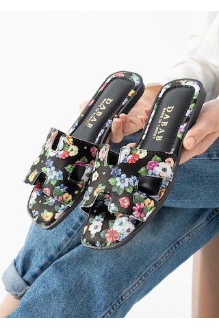 Dabab Shoes Florısa Kadın Çiçek Desenli H Bantlı Siyah Düz Taban Yazlık Terlik