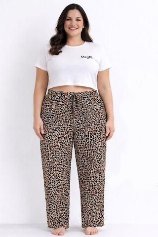 Viskon Pamuklu Kadın Büyük Beden Leopar Desenli Pijama Pantolon - Mgb005 - Mudanis Leopard Desenli