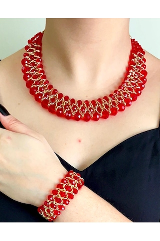Kırmızı Kristal Taşlı Türk El Yapımı Gerdanlık Kolye Ve Bileklik Kırmızı