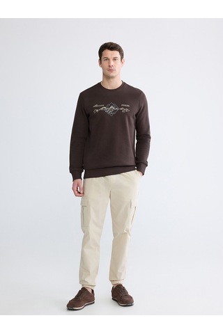 Lcwaıkıkı Classic Kahverengi Bisiklet Yaka Baskılı Erkek Sweatshirt