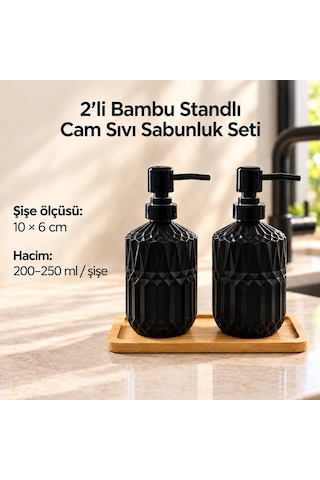 2'li Bambu Standlı Cam Sıvı Sabunluk Seti - Siyah Çok Renkli 2'li Bambu Standlı Cam Sıvı Sabunluk Seti - Siyah Çok Renkli