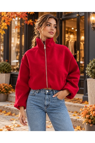 Firesh Ruby Red Kırmızı Dik Yaka Fermuarlı Balon Kol Mont