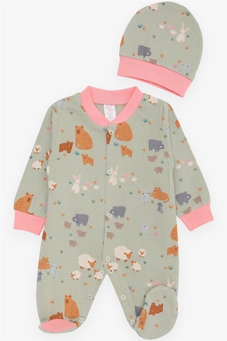 Breeze Kız Bebek Patikli Tulum Bahar Temalı Hayvancık Desenli 0-3 Ay-6 Ay, Mint Yeşili-Mint Yeşili