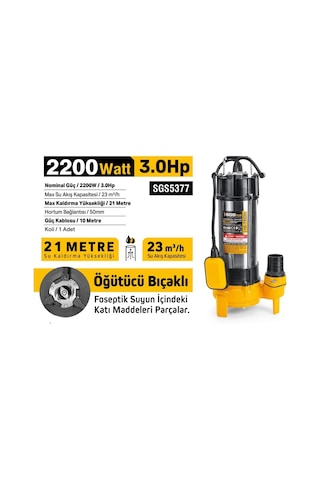 Sgs5377 - 21 Metre 3 Hp İnox Foseptik Dalgıç Pompa Parçalayıcı Öğütücü Bıçaklı 2200 Watt
