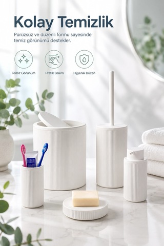 Modern Tasarımlı 5 Parça Banyo Aksesuar Seti Beyaz Renk Sabunluk Ve Fırçalık Dahil