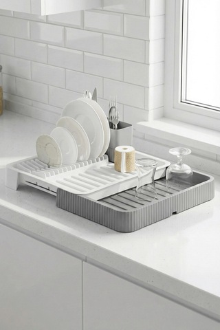 Gri - Uzayabilir Sürgülü Bulaşık Sepeti, Lavabo/tezgah Üstü Açılır Kapanır Bulaşıklık Kurutma Sepeti Gri