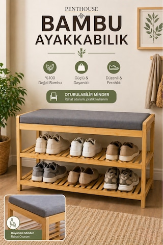 Bambu Ayakkabılık Oturmalı Minderli 2 Raflı 6 Çift Kapasiteli Şık Ve Dayanıklı Ayakkabı Rafı Ahşap