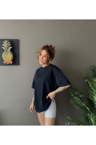 Kadın Oversize Basic Tişört Salaş Kesim Pamuklu Günlük T-shirt SIYAH