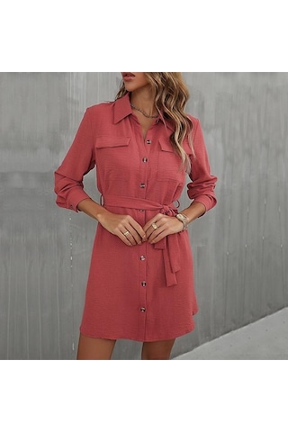 Novahub Erken Sonbahar Kadın Elbise, Uzun Kollu Tek Göğüslü Bağcıklı Düz Renk, Kahve Renkli, Viskoz Kumaş, Uzun Kollu, Diz Boyu, Gündelik Stil, Aile Tatil İstihdam Kahve