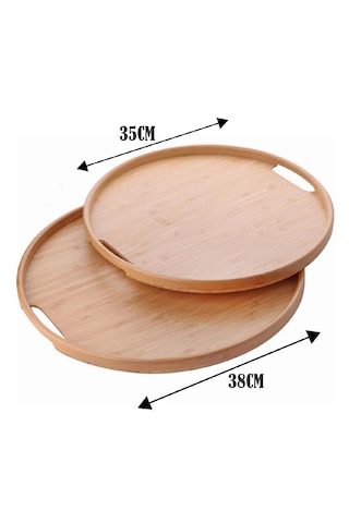 2'li Bambu Tepsi Seti, İnce Tasarım Özel Üretim Yuvarlak 2'li Bambu Tepsi Seti 35x35 & 38x38 Açık Bej
