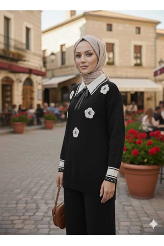 Sayzen Your Shine Gömlek Yaka Broşlu Alt-üst 2'li Triko Takim Sdnz-2501 Siyah