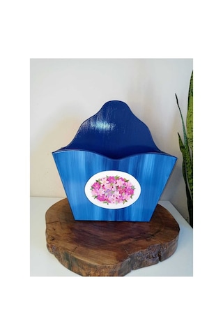 El Boyaması Ahşap Kapı Önü Ekmek Sepeti Mavi