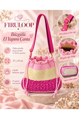 Firuloop Deri Tabanlı, Deri Saplı Pudra Pembe Fuşya Krem El Yapımı Büzgülü Çanta