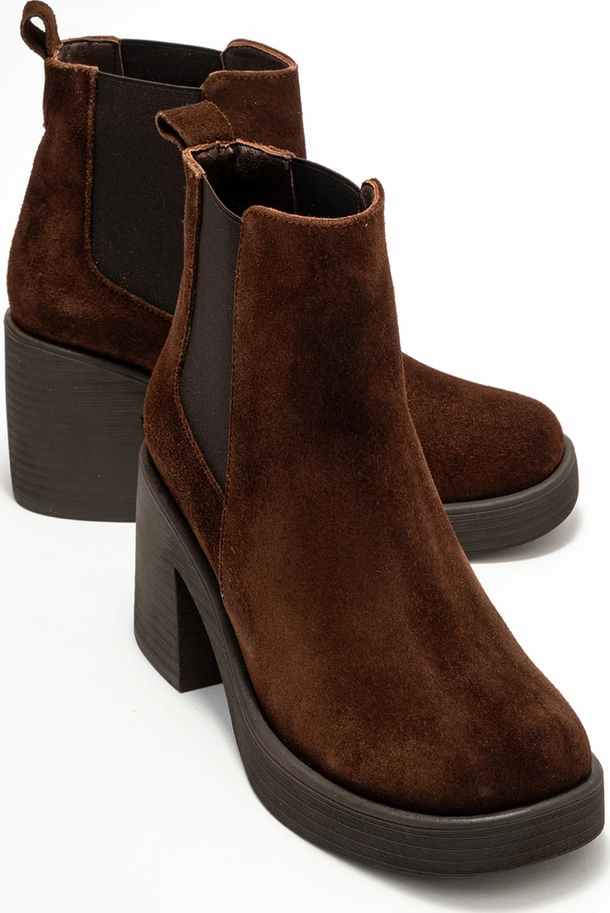 Lysa Kahverengi Süet Lastikli Hakiki Deri Kadın Platform Topuklu Bot Süet Kahve