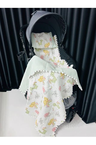 Dino 90 100 Çift Katlı Pikeli Müslin Battaniye Yastık Ve Alt Açma 3 Lü Set - Yeşil Yeşil