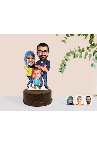 Kişiye Özel Tesettürlü Aile Karikatürlü Dekoratif 3D Biblo Led Iş (483006978)