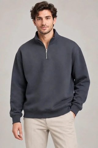 Suma Erkek Füme Dik Yaka Yarım Fermuarlı Şardonlu Kışlık Sweatshirt