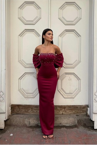 Lior Design Kadın İnce İşçilik Esnek Tül Kumaş Straplez Abiye Elbise Bordo