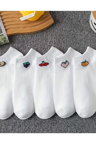 Hitit Socks Kadın 5 Çift Renkli Meyve Desenli Günlük Premium Kalite Bilek... Beyaz