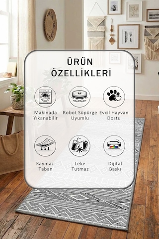 Ehl-176 Dijital Baskılı Kaymaz Yıkanabilir Yolluk Gri