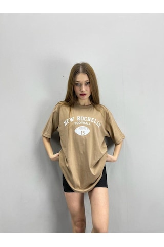 Flood Of Style Kadın Açık Kahve New Rochelle Baskılı Oversize Bisiklet Yaka Tshirt Lacivert