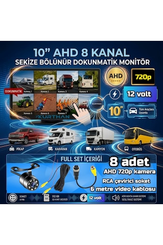 8 Adet Beyaz Ledli Ahd 720p Kelebek Kamera 10 İnç 8 Ch Dokunmatik Ekran 512 Gb Dvr Adas Bsd 12 Volt