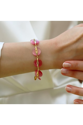 Pembe Kuvars Taşlı Gold Gümüş Bileklik Gümüş