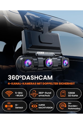 360 Araç Kamerası, 4 Kanallı Kablosuz 2k Araç Kamerası, 2k+1080p 3 Çözünürlük, Entegre Wi-fi Ve Uygulama, G-sensörü, 8 Ir Gece Görüş Led'i, Dahil. 64gb Sd Kart