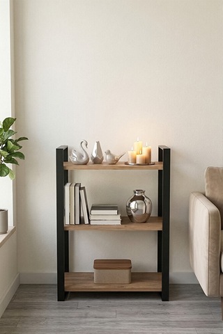85 Cm 3 Katlı Endüstriyel Kitaplık, Konsol, Çiçeklik, Çok Amaçlı Raf 2810 Atlantik Çam - Siyah