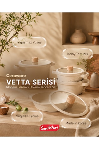 Ceraware Vetta 10 Parça Seramik Yapışmaz Tencere Tava Seti Bej
