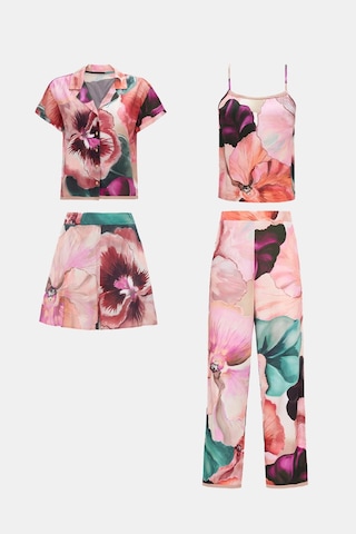 Paradise Sklamen 4'lü Dokuma Viskon Önden Düğmeli Pijama Takım Seti Desenli
