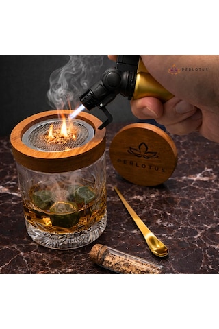 Perlotus Premium Kutulu Ahşap Viski Tütsüleme Seti Tüm Bardaklara Uygun Aparat, Talaş, Pürmüz, Viski Taşı