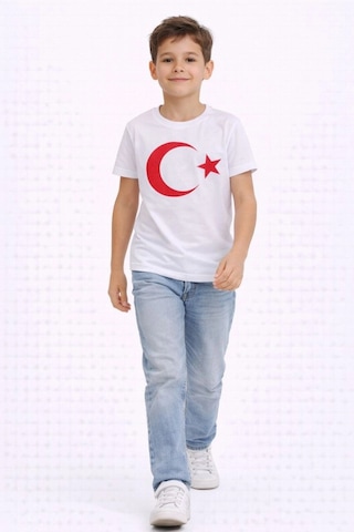 Primemağazam Erkek Çocuk Tişört Bisiklet Yaka Ay Yıldız Bayrak Baskılı T-shirt - Beyaz Çeşitli