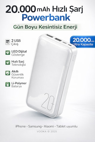 20.000 Mah Powerbank Hızlı Şarj Led Göstergeli Çift Usb Type-c Girişli Taşınabilir Şarj Cihazı Beyaz