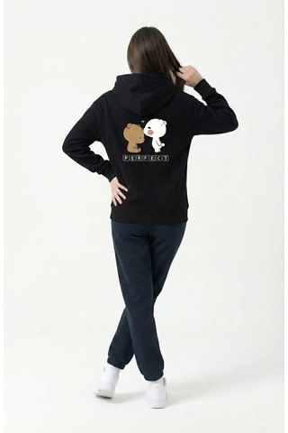 Nevermind Unisex Oversize Ayıcık Baskılı Çift Hoodie Siyah