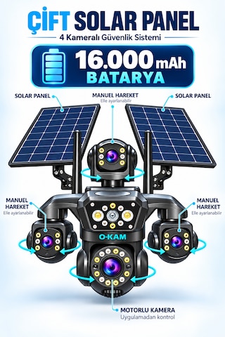 O-kam Oks340 12mp 4 Kameralı 4g Çift Solar Panel Gece Görüş 128gb Hafıza Kartı 15gb İnternet Akıllı Kamera