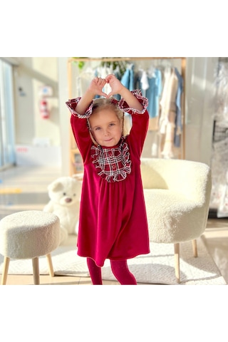 Overdo Kids Kız Çocuk Uzun Kol Kırmızı Kadife Elbise Kırmızı
