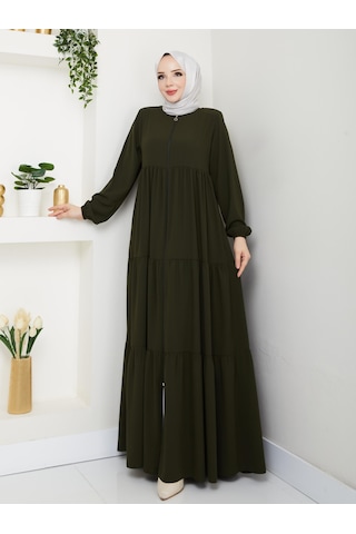 Eslemnur Üç Katlı Büzgü Detaylı Medine İpeği Ferace Haki