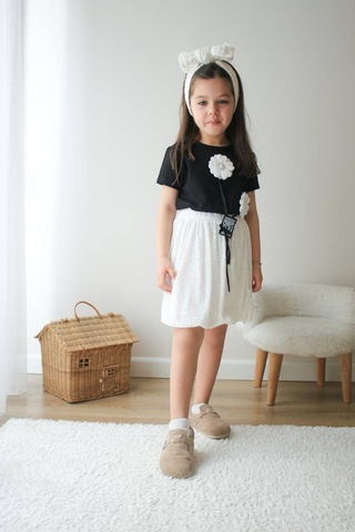 Kız Çocuk Pamuklu Papatya Aplike Detaylı T-shirt Balon Etek Altüst Takım 2 Parça Papatya Çok Renkli