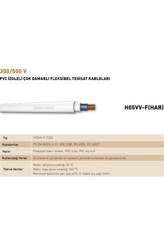 Ttr Ho5vv-f 2x1.5 Mm2 Beyaz Kablo, Pvc İzoleli, Çok Damarlı, 300/500v, 1 M
