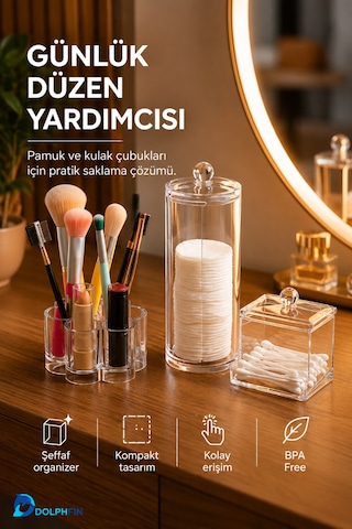 3 Lü Şeffaf Makyaj Organizer Seti Pamukluk Kulak Çubuğu Kutusu Ve Fırça Düzenleyici