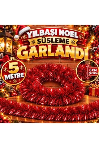 5 Metre Kırmızı Garland Kırmızı Çam Dalı 6 Cm Çap Yılbaşı Garlandı Parlak Metalik Dekor İnce Garland Diğer