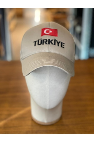 Türkiye Bayrak Nakışlı Pamuklu Unisex Cap Şapka Bej