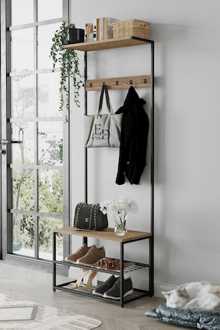 Ruby Vestiyer , Portmanto , Askılık , 3 Raflı Ayakkabılık , Siyah Metal - Atlantik Çam Tabla