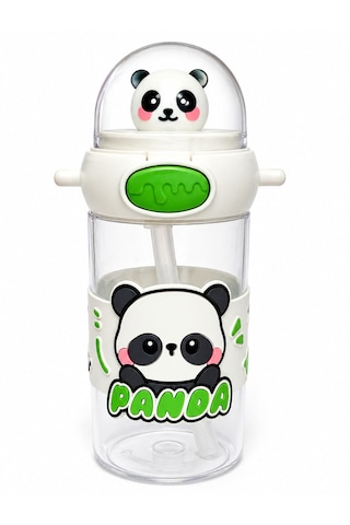 Panda 500 Ml Taşıma Askılı Matara Pipetli, Karakter Figürlü, Sızdırmaz Çocuk Su Matarası Beyaz